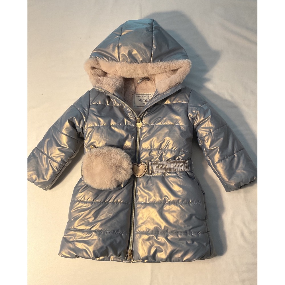 Le Chic Toddler Girls Metallic Silver Puffer Coat Faux Fur Lined Jacket 2Y